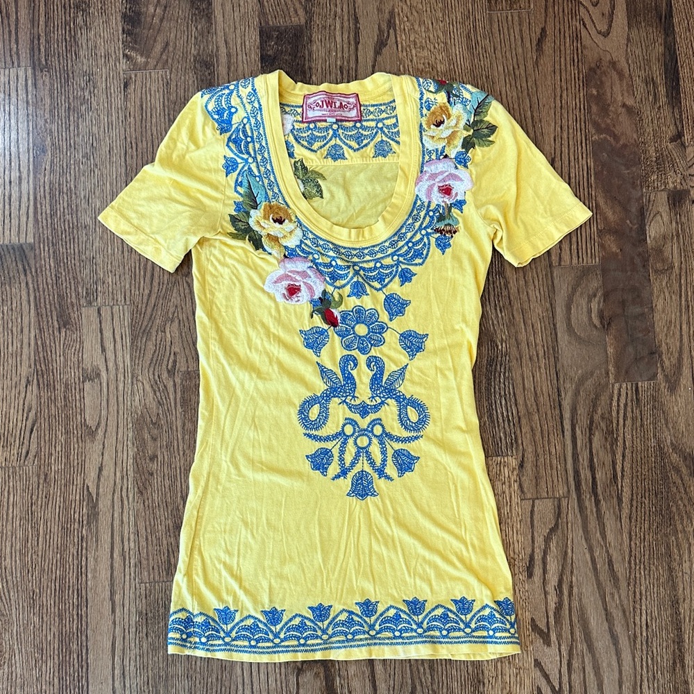 Johnny Was Sunny Yellow Tee with Blue Floral Embroidery